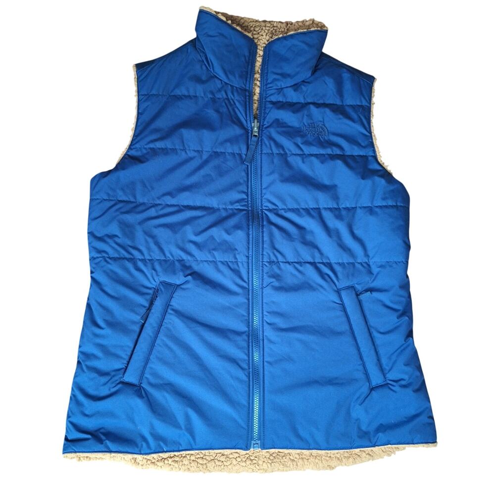 The North Face Women's Reversible Fleece Puffer Vest Tan Blue Full Zip EUC - L